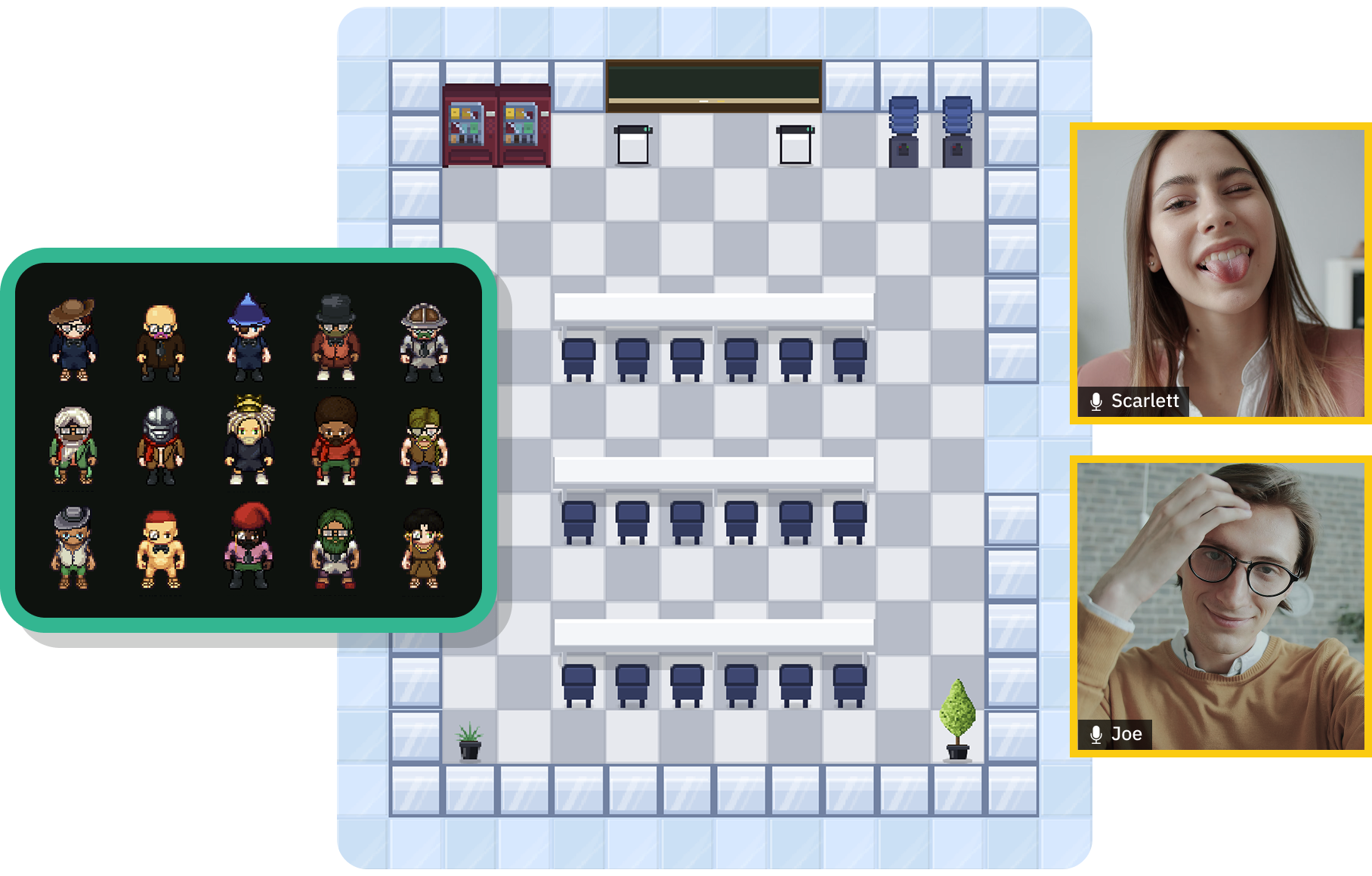Workmates avatars hanging out in a virtual break room