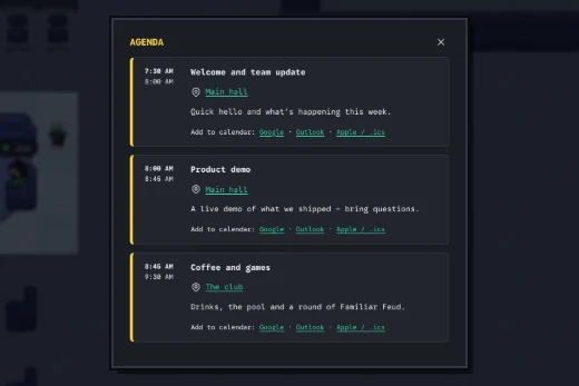 The day's agenda, with times, places and add-to-calendar links