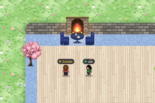 Scarlett and Joe by the fireside in the lobby's springtime theme