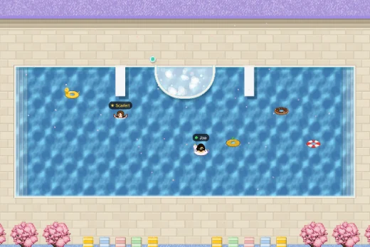 Scarlett swimming and Joe in a unicorn floaty in the club pool